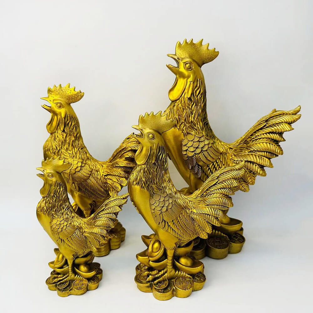 Brass Rooster Statue set featuring multiple roosters standing proudly on coins and ingots