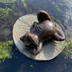 Ornement de Jardin Grenouille en Bronze sur Nénuphar représentant une grenouille détendue allongée sur un nénuphar détaillé