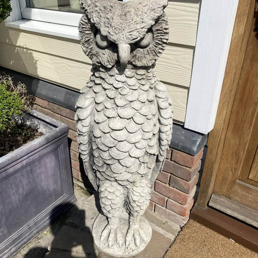 Carved Owl Sculpture cast stone design, horned owl with upright posture