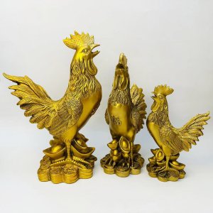 Decorative Brass Rooster Statue featuring detailed feathers