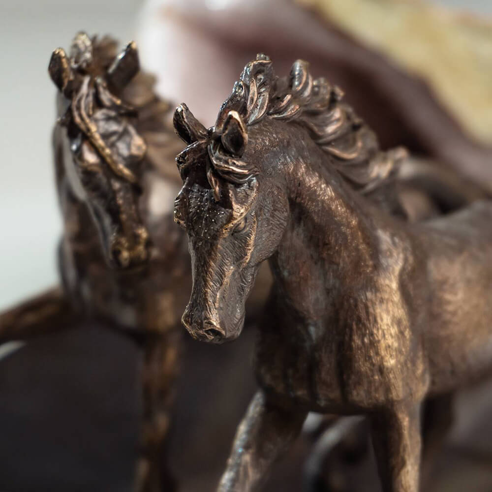 Detailed bronze 2 Horses Sculpture with flowing manes and elegant stance