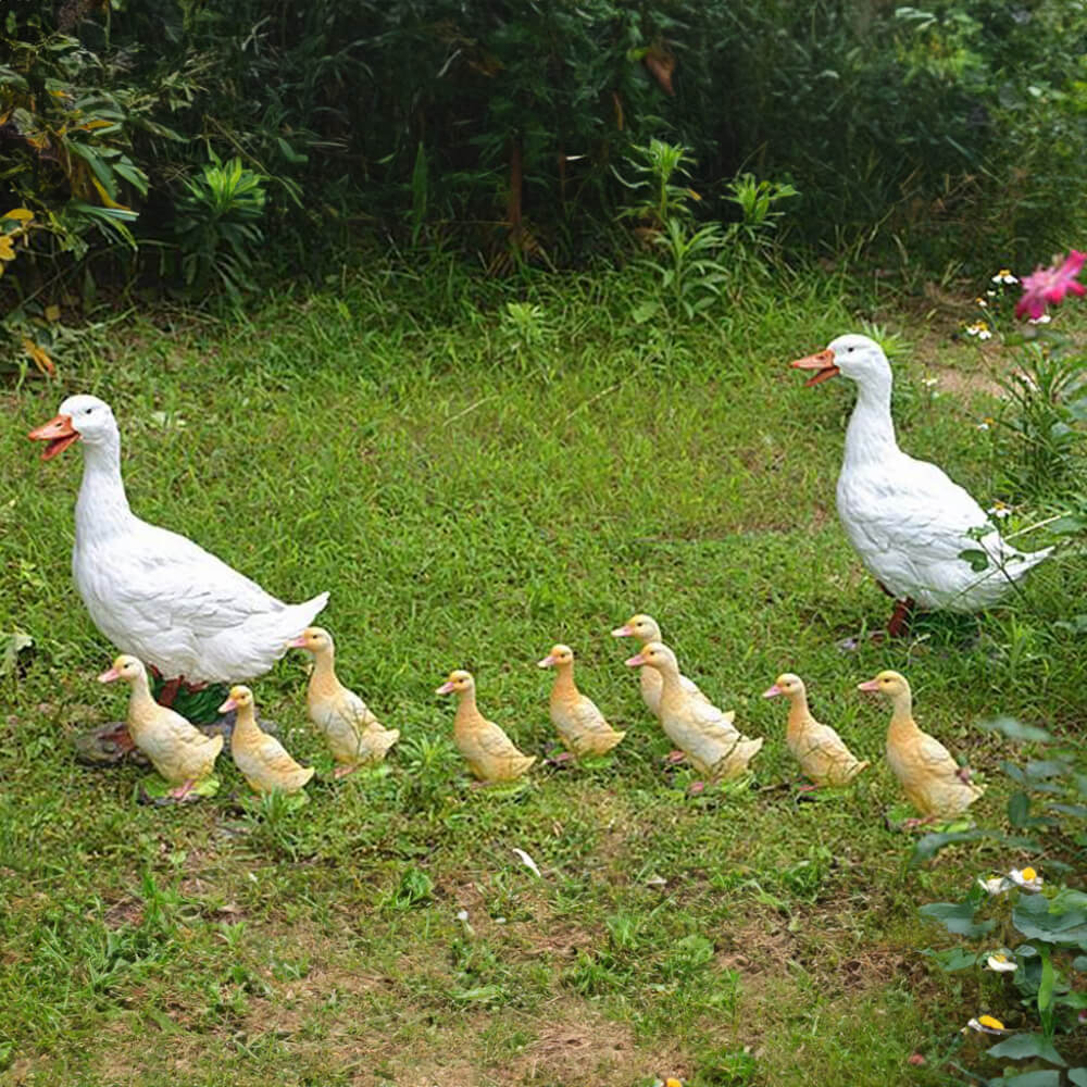 Fiberglass Duck Family Lawn Ornaments showing white adult ducks and yellow ducklings walking on grass