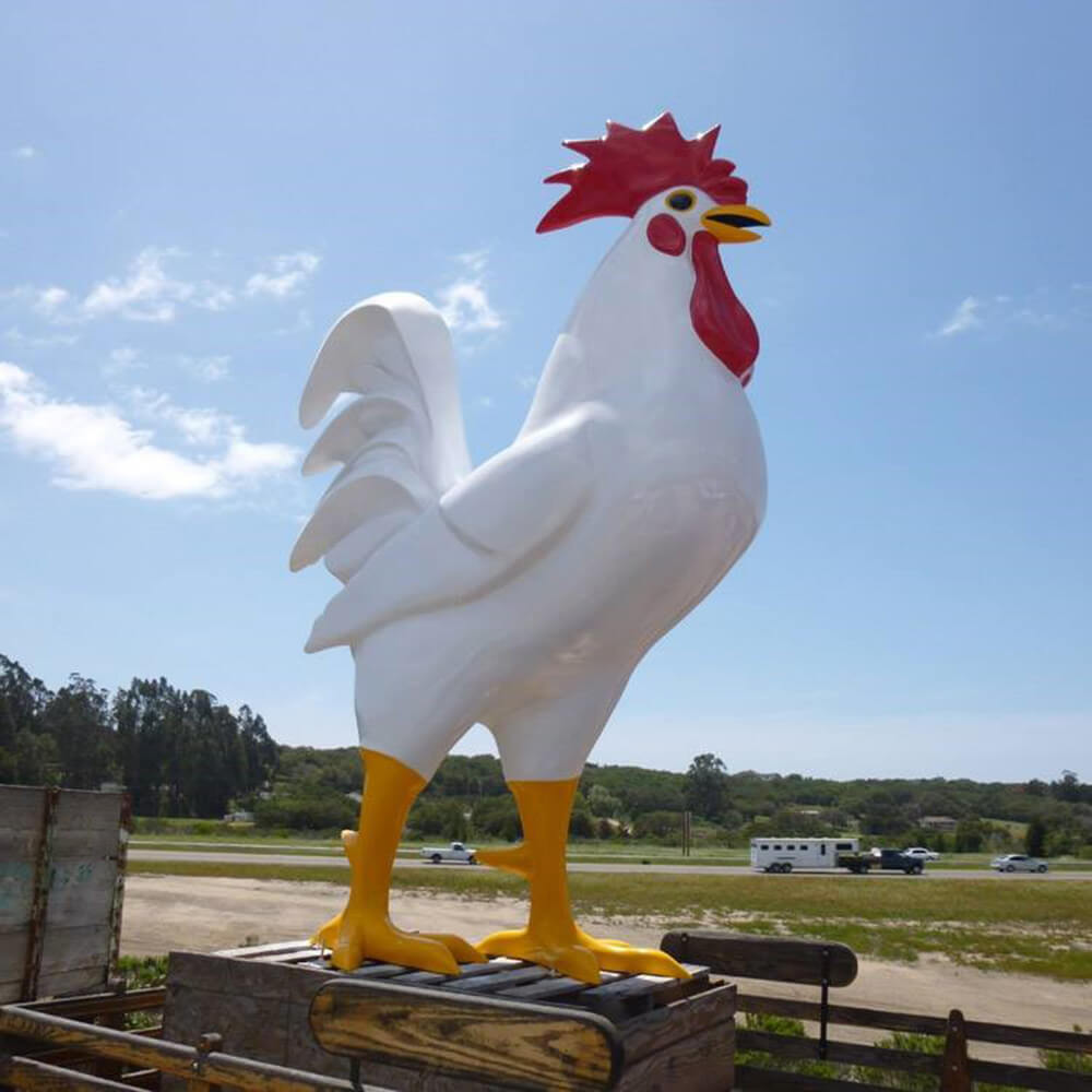 Outdoor fiberglass Large Rooster Sculpture featuring vivid colors and bold design