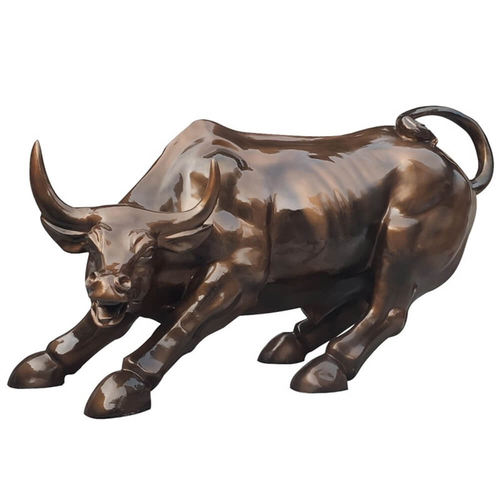 Poderosa escultura de Toro del Mercado Bursátil en bronce con cola levantada y patas flexionadas