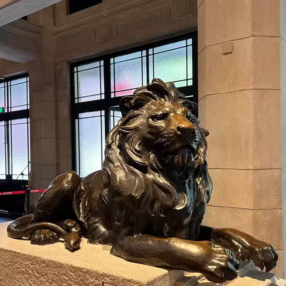 bronze Lion Statue Outdoor Large, reclining guardian lion with flowing mane and strong posture