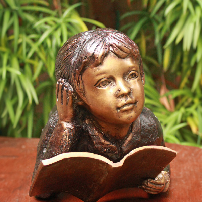 Bronze Girl Reading Book Garden Statue head detail