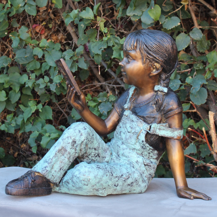 Bronze Reading Girl yard Statue holding book