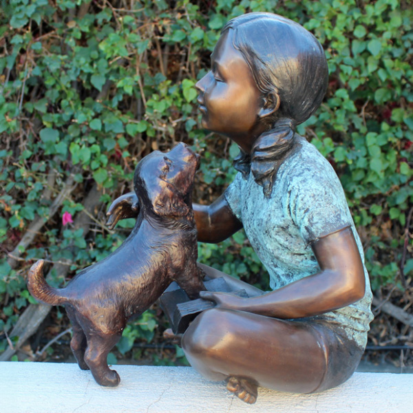 Girl with Dog Sculpture bronze garden scene