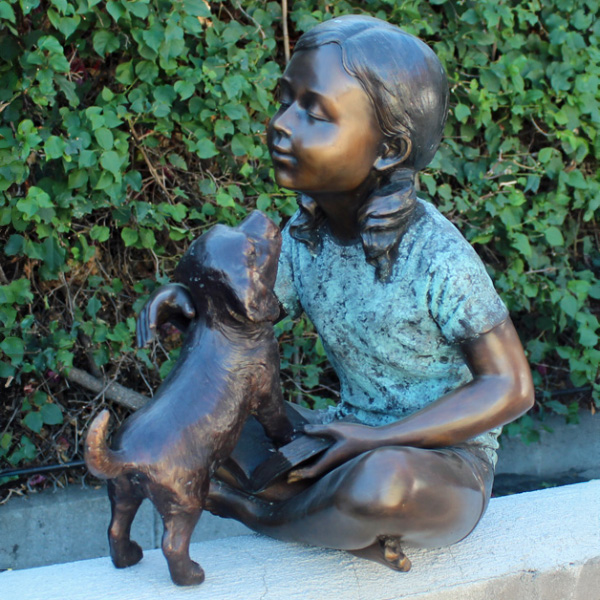 Girl with Dog Sculpture bronze playful moment