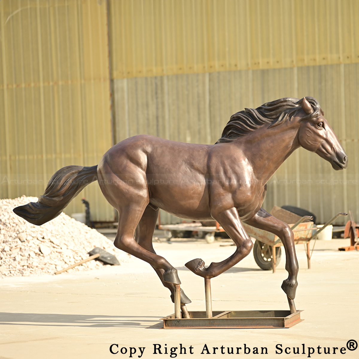 3 Bronze galloping horse sculpture factory side view