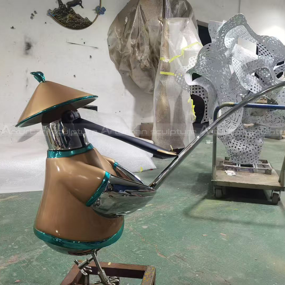 Cartoon Bird Sculpture stainless steel fishing scene