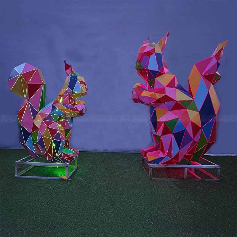 Illuminated stainless steel Geometric Squirrel Statue pair