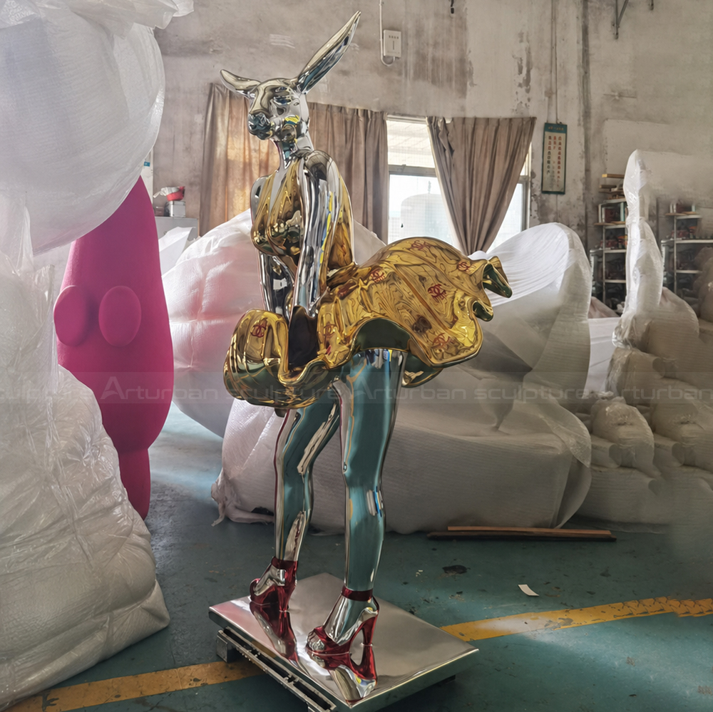 Side view stainless steel Rabbit Woman Statue