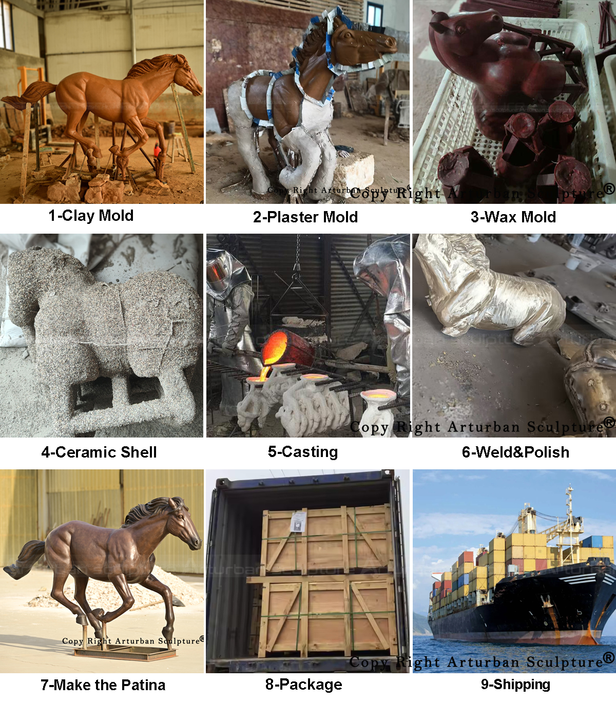 production process of bronze galloping horse sculpture