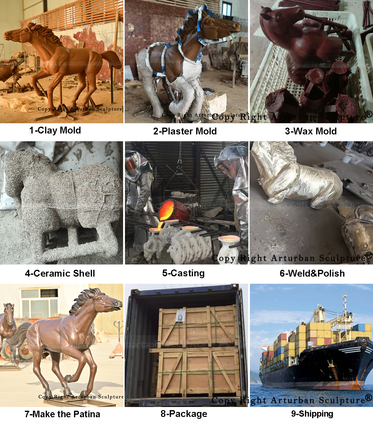 production process of bronze running horse statue