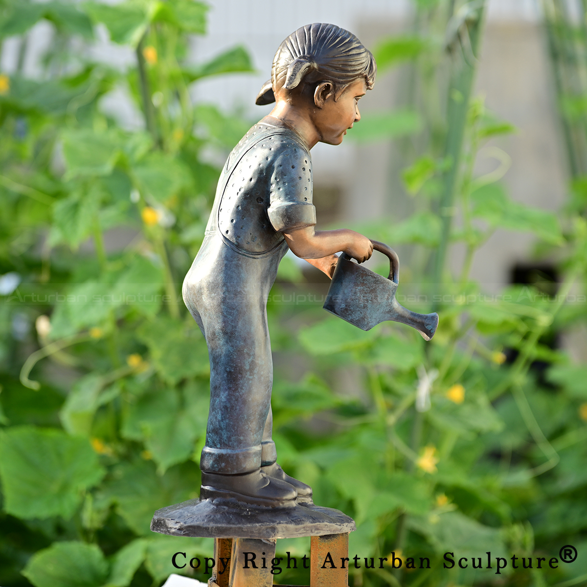 2 Girl gardener statue watering can bronze