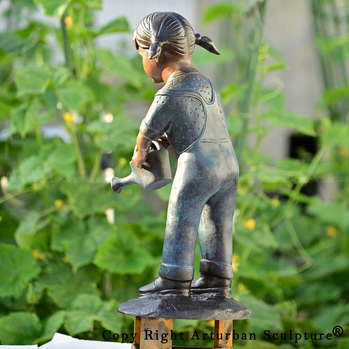 8 Child gardener statue watering flowers bronze