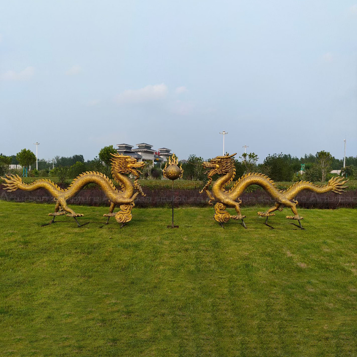 Fiberglass Asian Dragon Sculpture pair on lawn