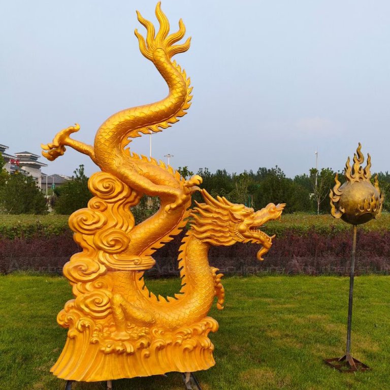 Fiberglass Dragon Garden Water Feature with golden dragon