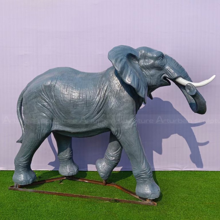 Gray fiberglass Elephant Garden Décor with curled trunk