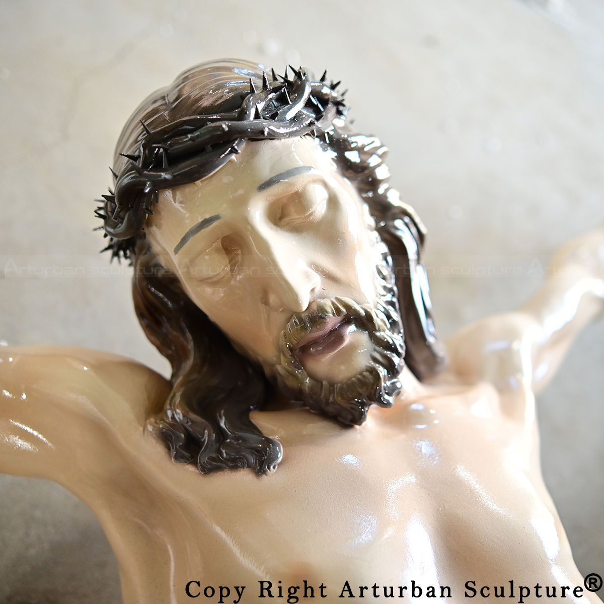5 fiberglass Jesus on the cross sculpture facial detail