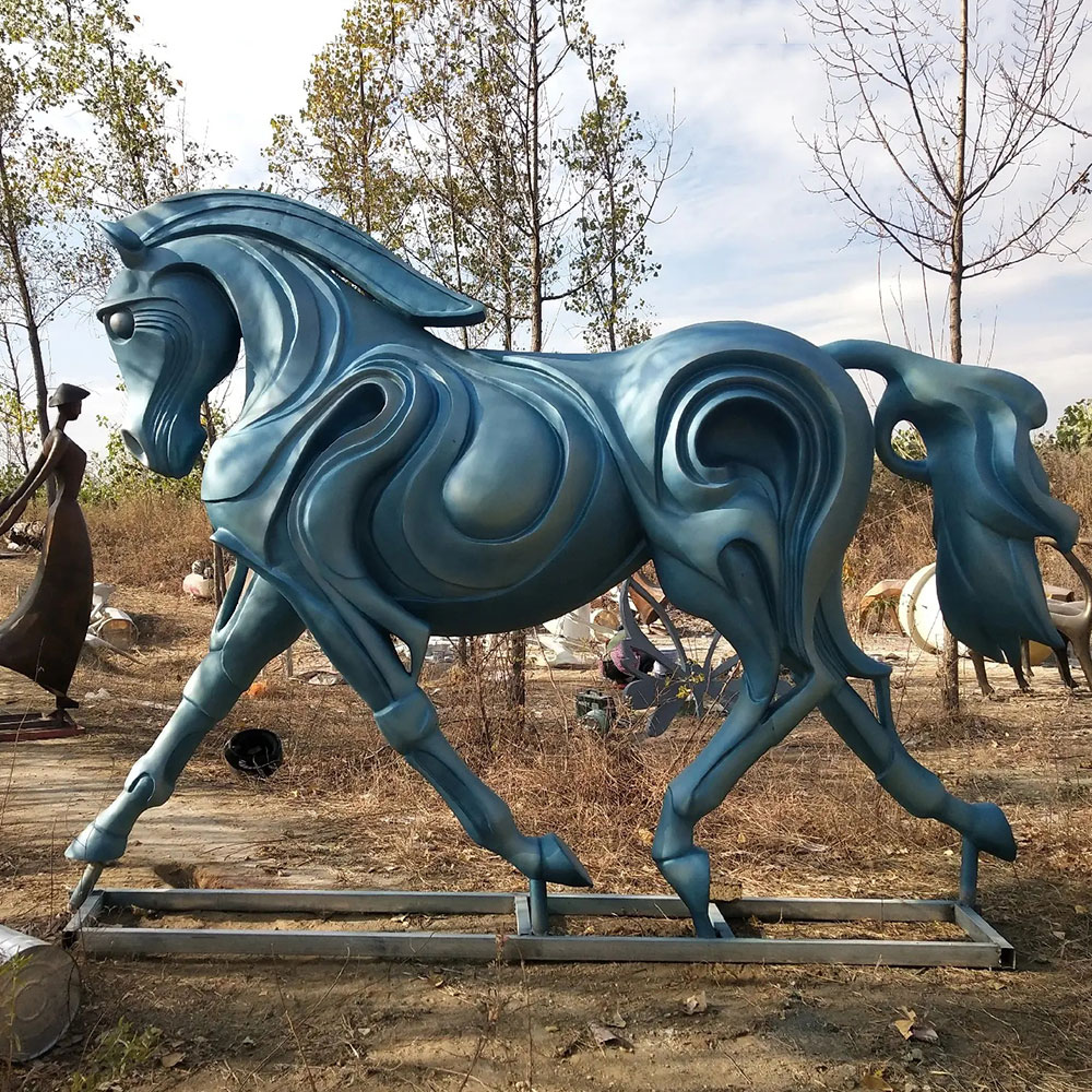 Bronze Contemporary Horse Statue displayed outdoors among trees