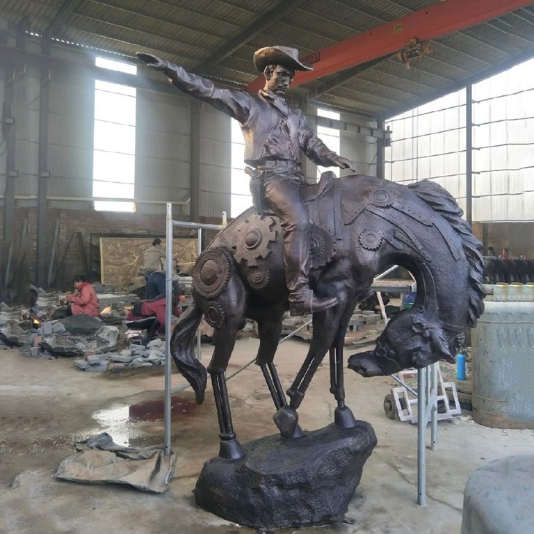Bronze Cowboy on Bucking Horse steampunk sculpture