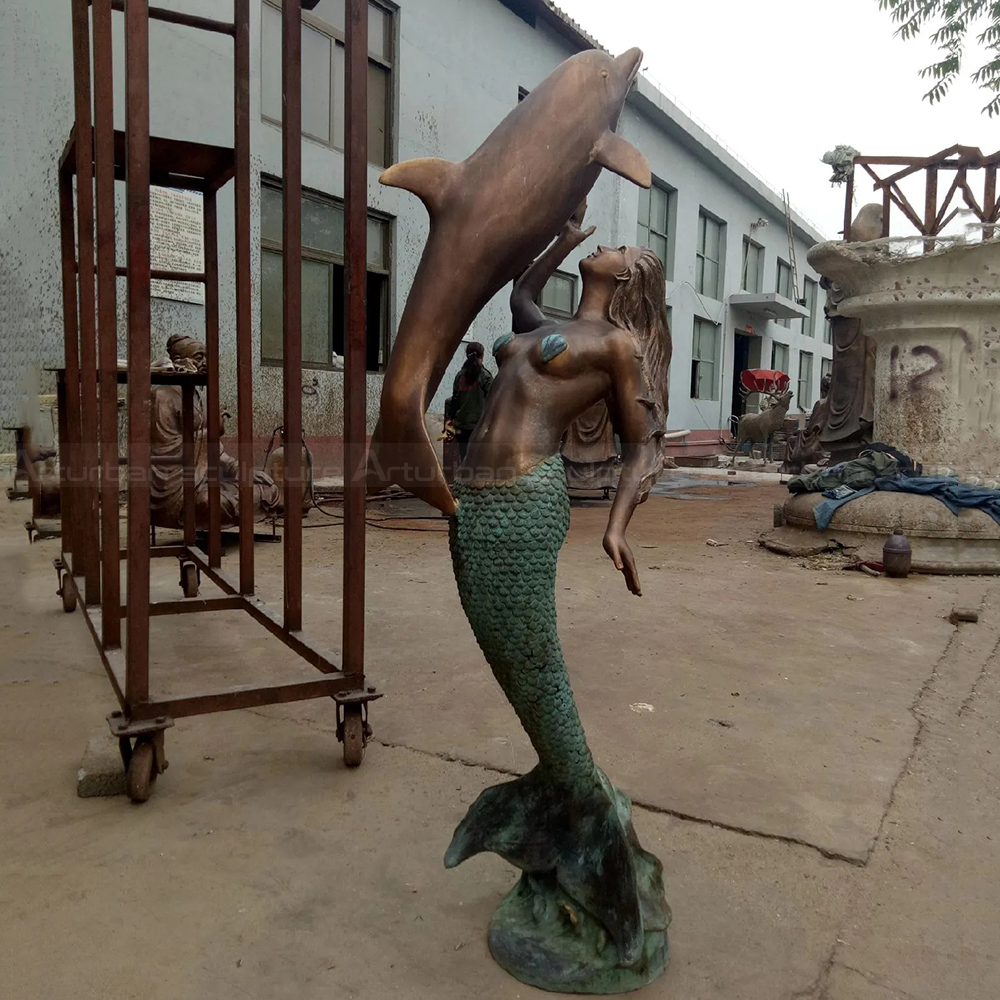 Large Mermaid Sculpture bronze dolphin interaction view