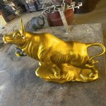 Golden Bull Sculpture in Bronze on Rocky Base