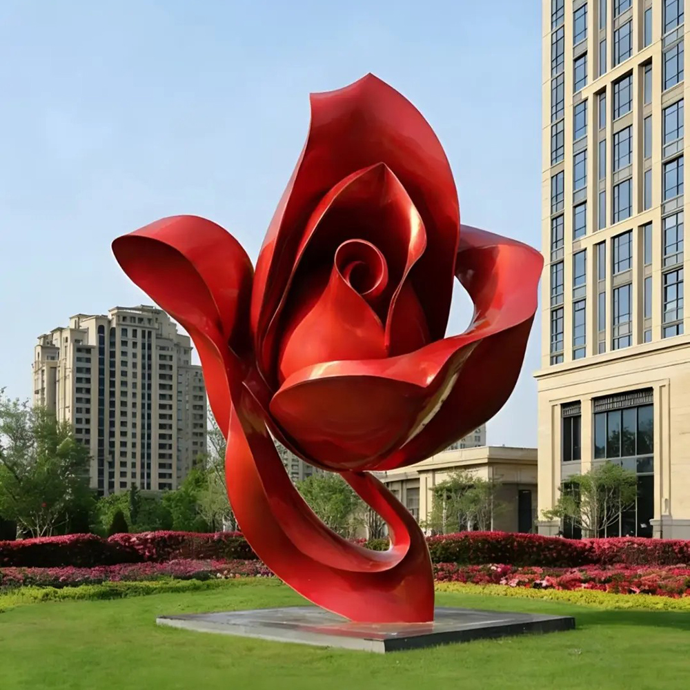 Red rose sculpture with stainless steel petals