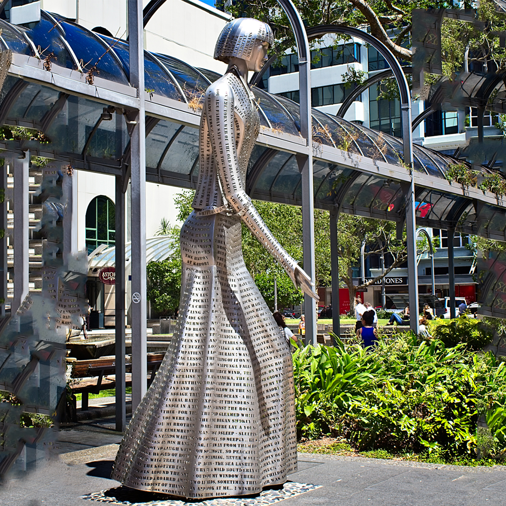Stainless steel Woman of Words Statue in Wellington
